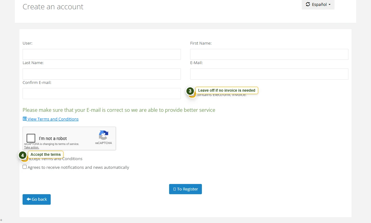 SINAC registration form with electronic invoice and terms options highlighted