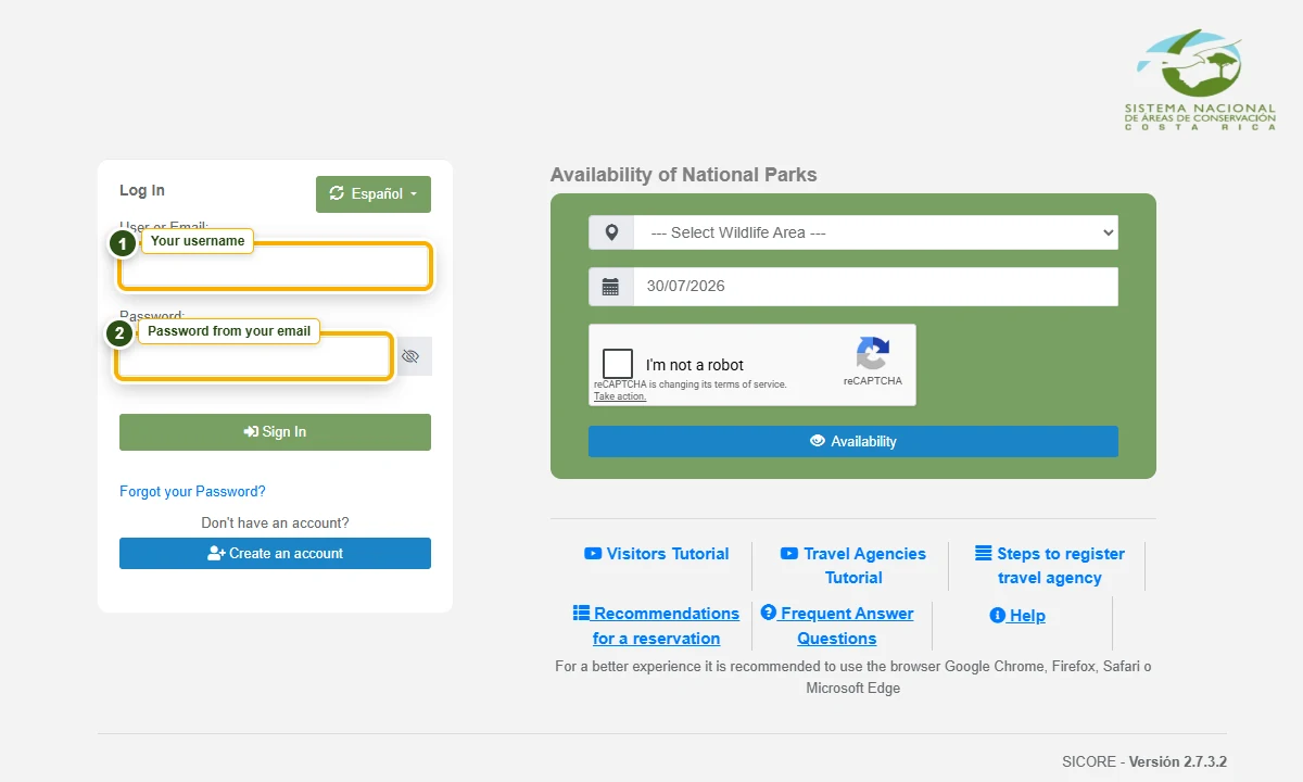 SINAC login form with username and password highlighted